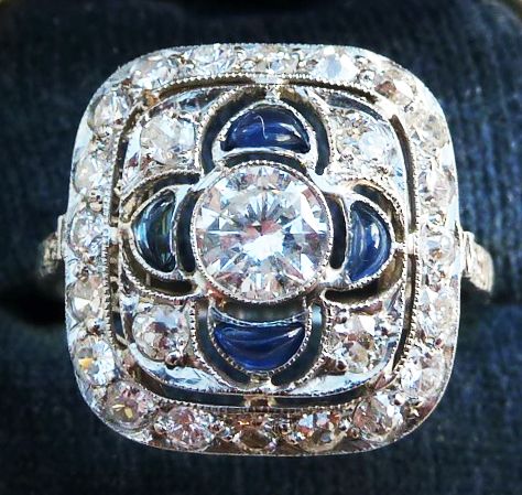 Big Beautiful Art Deco Sapphire and 1.70ct Diamond Platinum Cluster Vintage Antique Ring