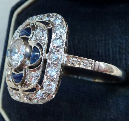 fig 3. Big beautiful art deco Sapphire and 1.70ct Diamond platinum cluster vintage antique ring