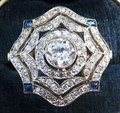 Big Beautiful Art Deco Platinum 1.41ct Diamond and Sapphire Star Cluster Vintage Antique Ring
