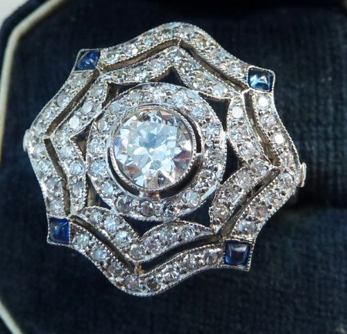 fig 1. Big beautiful art deco platinum 1.41ct diamond and sapphire star cluster vintage antique ring