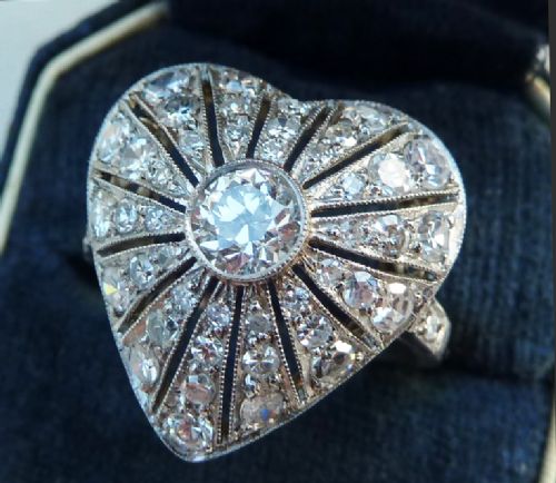 fig 1. Stunning platinum art deco 1.77ct diamond cluster heart vintage antique ring