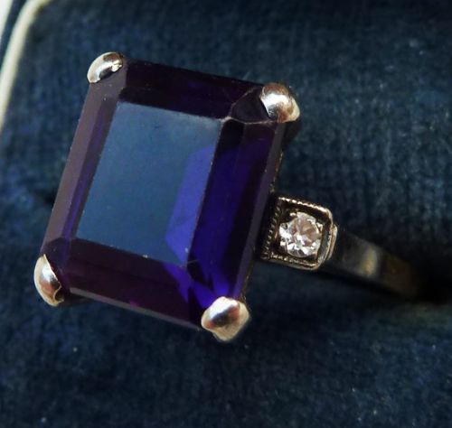fig 1. Beautiful art deco 18ct gold 3ct emerald cut amethyst and diamond vintage antique trilogy ring