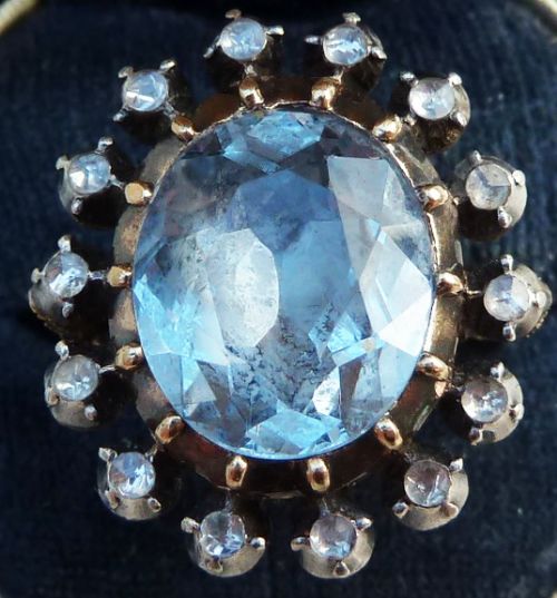 Fabulous Georgian 6.75ct Oval Cut Aquamarine and Rose Diamond Cluster 18ct Vintage Antique Ring
