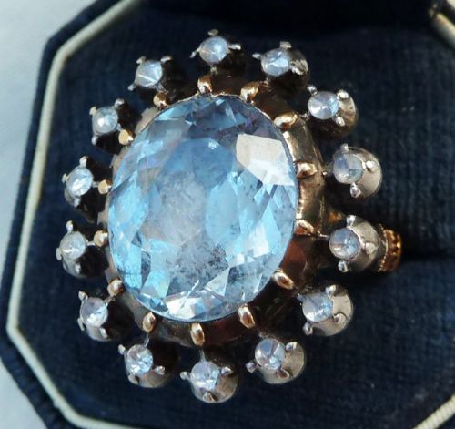 fig 1. Fabulous georgian 6.75ct oval cut aquamarine and rose diamond cluster 18ct vintage antique ring