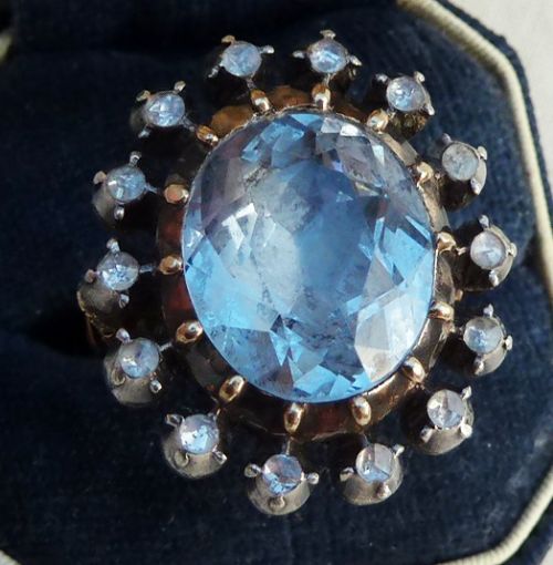 fig 2. Fabulous georgian 6.75ct oval cut aquamarine and rose diamond cluster 18ct vintage antique ring