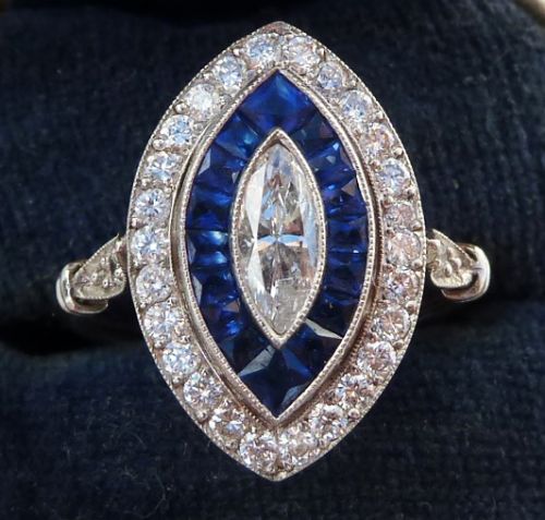 Gorgeous Art Deco Platinum Sapphire and 1ct Diamond Marquise Vintage Antique Ring