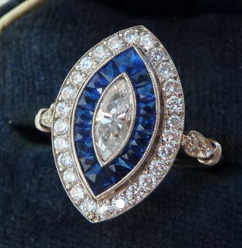 fig 1. Gorgeous art deco platinum sapphire and 1ct diamond marquise vintage antique ring