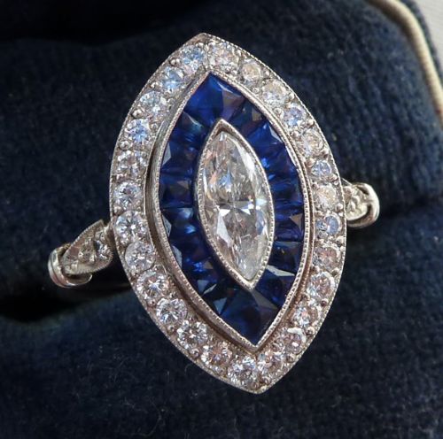 fig 2. Gorgeous art deco platinum sapphire and 1ct diamond marquise vintage antique ring