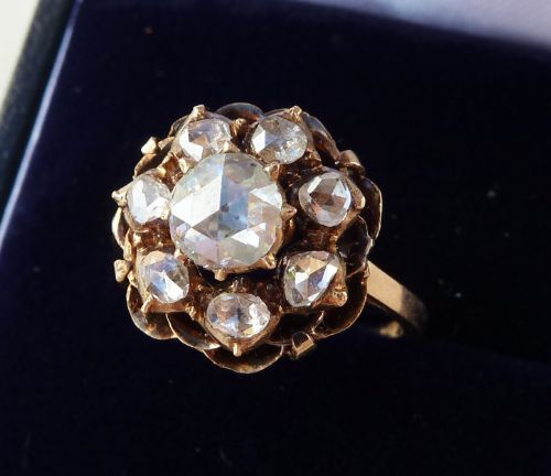 fig 1. Beautiful early victorian 12ct rose gold diamond cluster vintage antique ring not 18ct