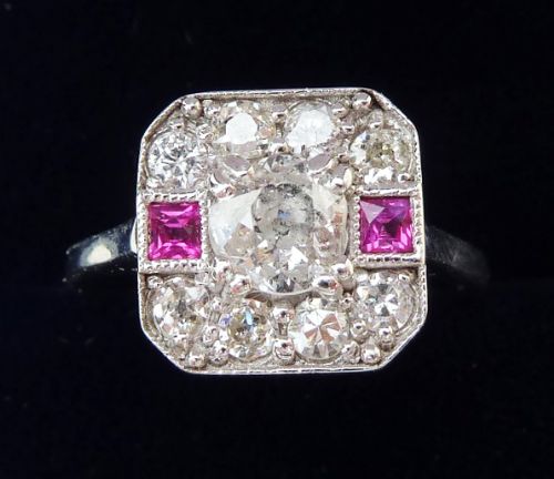 Beautiful 18ct 18k White Gold Ruby and 0.90ct Diamond Vintage Antique Cluster Ring