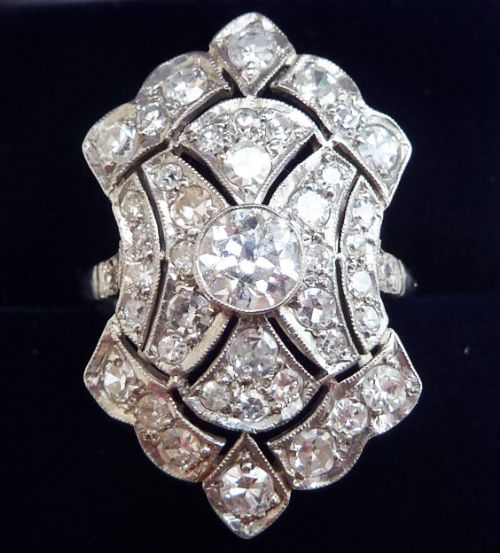 Stunning Art Deco Platinum 1.56ct Diamond Elongated Vintage Antique Cluster Ring