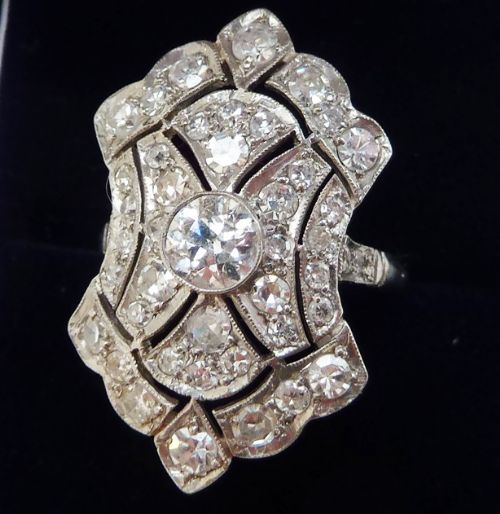 fig 1. Stunning art deco platinum 1.56ct diamond elongated vintage antique cluster ring