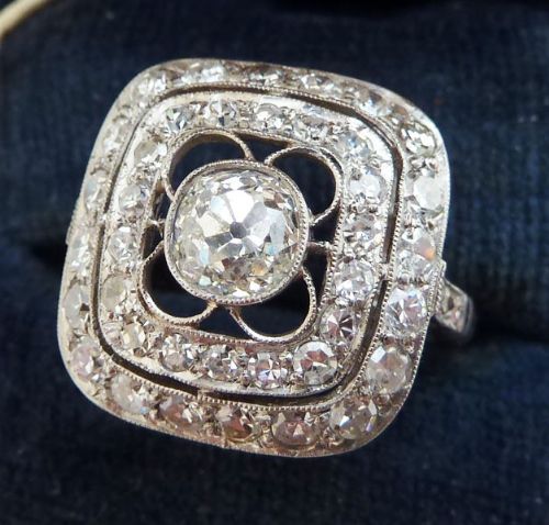 fig 1. Stunning platinum art deco 1.58ct diamond cluster vintage antique ring