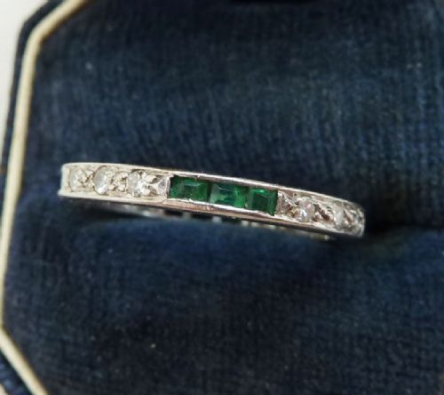 fig 1. Beautiful platinum art deco 0.60ct emerald and diamond vintage antique eternity ring Size M