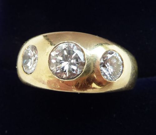 fig 1. Stunning art deco 15ct 15k gold 1.25ct diamond three stone trilogy gypsy vintage antique ring