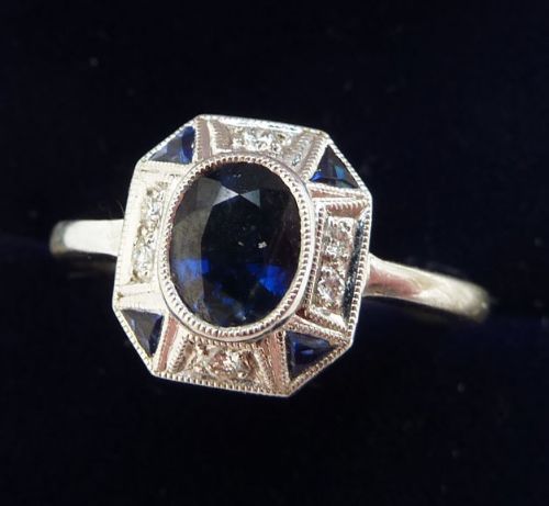 fig 1. Gorgeous art deco 18ct 18k white gold 0.90ct sapphire and diamond vintage antique ring