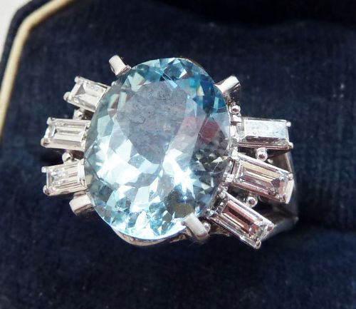fig 1. Fabulous art deco 18ct 18k white gold 6.31ct aquamarine and baguette diamonds vintage antique ring
