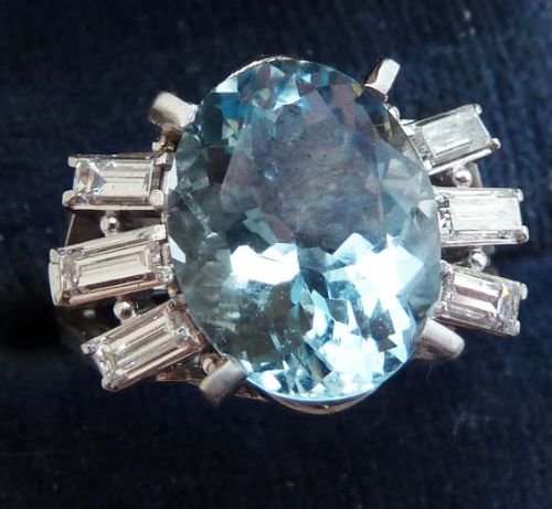fig 2. Fabulous art deco 18ct 18k white gold 6.31ct aquamarine and baguette diamonds vintage antique ring