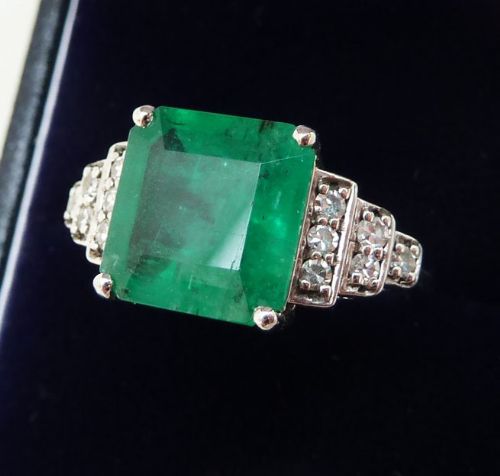 fig 1. Stunning art deco 18ct 18k white gold 4ct emerald and diamond vintage antique ring