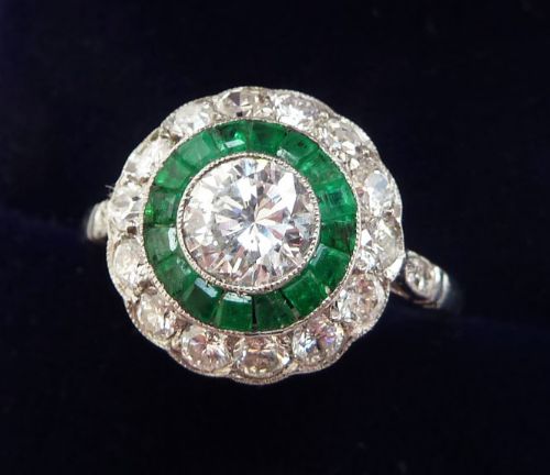 fig 1. Stunning art deco platinum Emerald and 1.41ct Diamond cluster target vintage antique ring