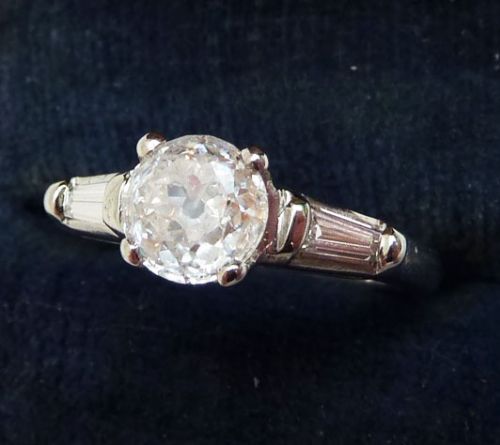 fig 1. Stunning art deco platinum old cut and baguette diamond vintage antique trilogy ring