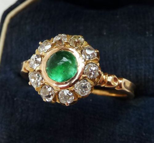 fig 1. Superb victorian 18ct 18k gold 0.75ct emerald and diamond vintage antique cluster ring