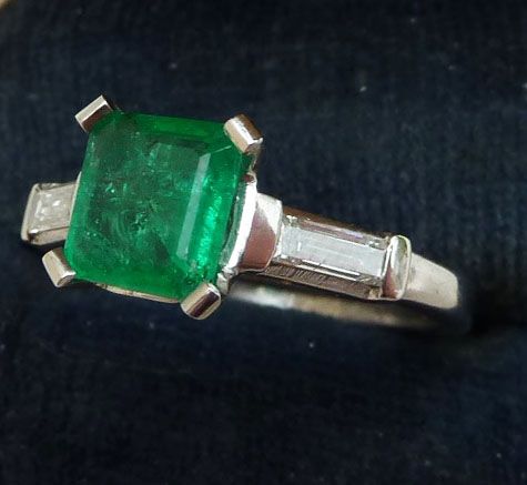 fig 1. Beautiful art deco platinum 1.25ct emerald and baguette diamond vintage antique trilogy ring