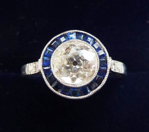 Stunning Art Deco Platinum 1.25ct Diamond and Sapphire Target Vintage Antique Ring
