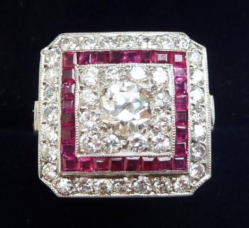 Gorgeous Art Deco Platinum Ruby and 1.33ct Diamond Cluster Vintage Antique Ring
