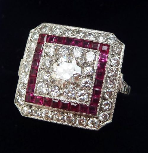fig 1. Gorgeous art deco platinum ruby and 1.33ct diamond cluster vintage antique ring