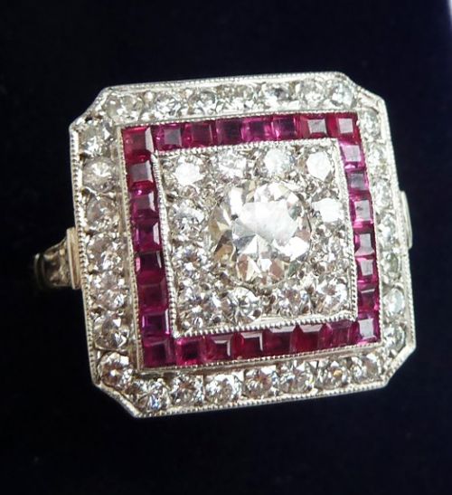 fig 2. Gorgeous art deco platinum ruby and 1.33ct diamond cluster vintage antique ring