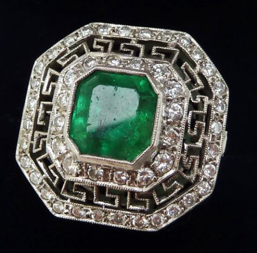 fig 1. Gorgeous art deco platinum 3ct emerald and diamond vintage antique ring
