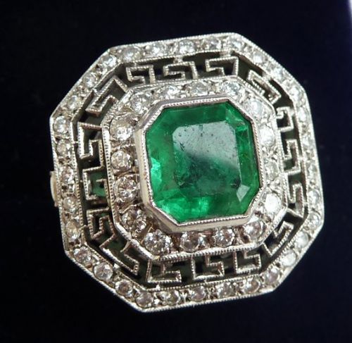 fig 2. Gorgeous art deco platinum 3ct emerald and diamond vintage antique ring