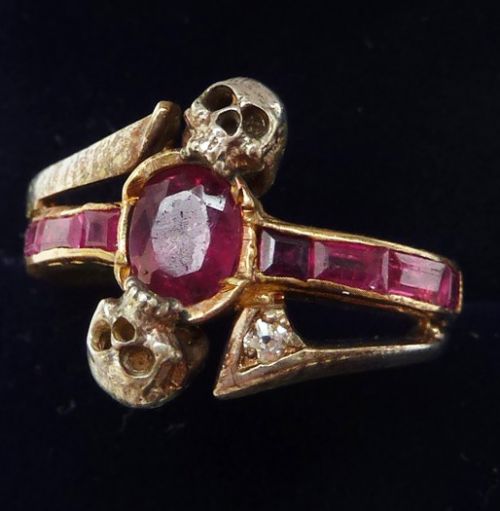 fig 1. Stunning 18ct gold and silver victorian ruby and diamond mori skull memento vintage antique ring