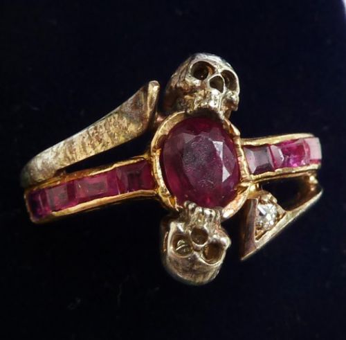 fig 2. Stunning 18ct gold and silver victorian ruby and diamond mori skull memento vintage antique ring