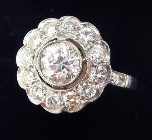 fig 1. Beautiful art deco platinum 1.65ct diamond daisy cluster vintage antique ring