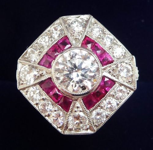 Stunning Platinum Art Deco Ruby and 1.62ct Diamond Cluster Vintage Antique Ring