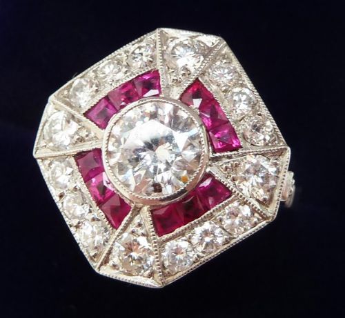 fig 1. Stunning platinum art deco Ruby and 1.62ct Diamond cluster vintage antique ring