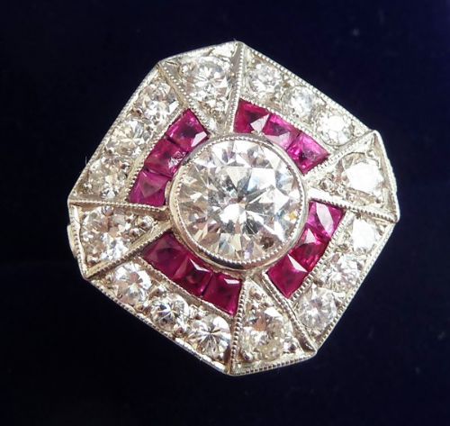 fig 2. Stunning platinum art deco Ruby and 1.62ct Diamond cluster vintage antique ring