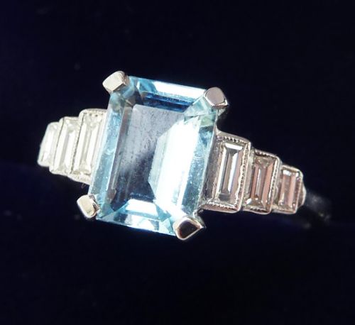 fig 1. Gorgeous platinum art deco 1.10ct aquamarine and baguette diamond vintage antique ring