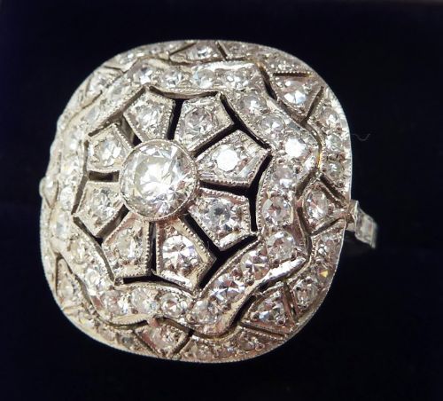 fig 1. Big beautiful platinum art deco 1.61ct Diamond flower cluster boule vintage antique ring