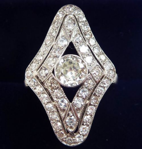 Stunning Platinum Art Deco 1.63ct Diamond Cluster Marquise Vintage Antique Ring