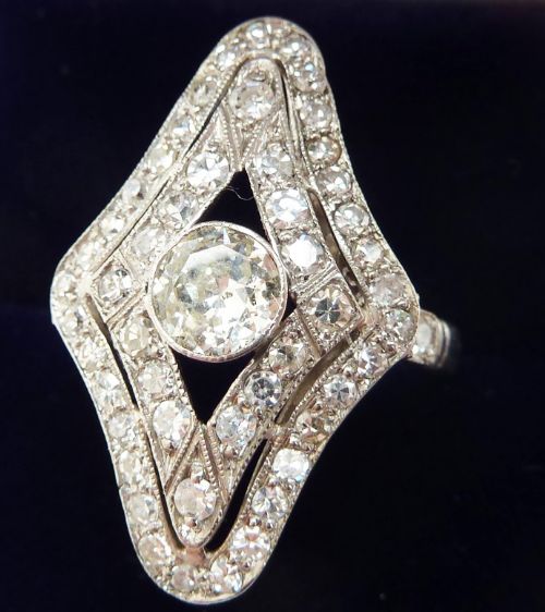fig 1. Stunning platinum art deco 1.63ct Diamond cluster marquise vintage antique ring