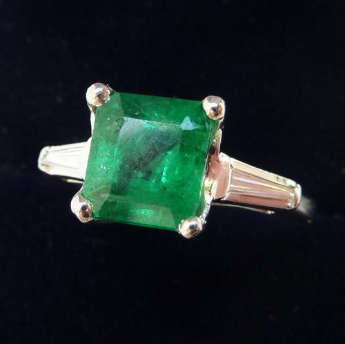 fig 1. Stunning art deco platinum 1.80ct emerald and baguette diamond trilogy vintage antique ring