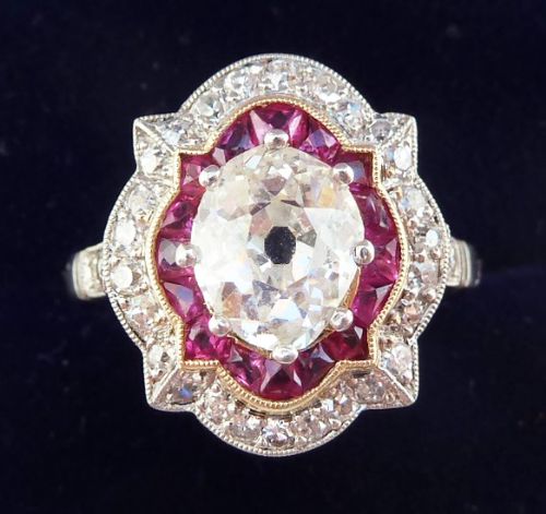 Stunning Platinum Art Deco Ruby and Oval Cut Diamond 2.20ct Vintage Antique Cluster Ring