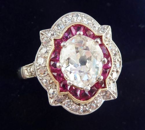 fig 1. Stunning platinum art deco Ruby and oval cut Diamond 2.20ct vintage antique cluster ring