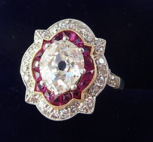 fig 2. Stunning platinum art deco Ruby and oval cut Diamond 2.20ct vintage antique cluster ring