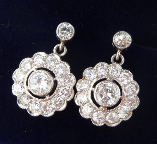 fig 1. Gorgeous art deco platinum 1.70ct diamond daisy cluster drop earrings