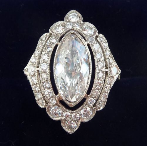 Stunning Platinum Art Deco Marquise 2.50ct Diamond Vintage Antique Ring