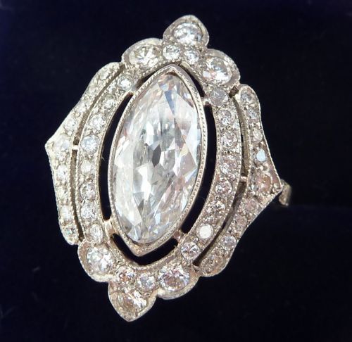 fig 1. Stunning platinum art deco marquise 2.50ct diamond vintage antique ring